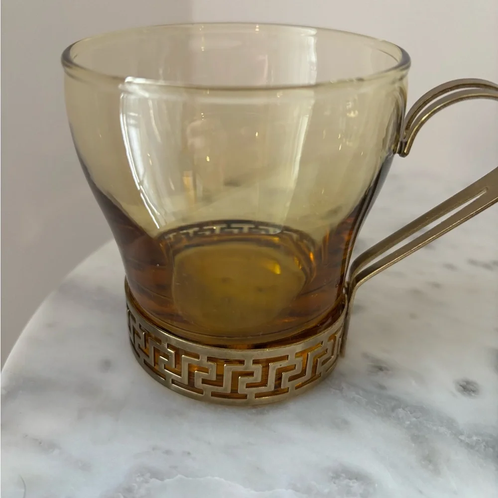 2 Vintage MCM Libbey Amber Glass Continental Cup w Gold Metal Greek Key Handles - Picture 3 of 12